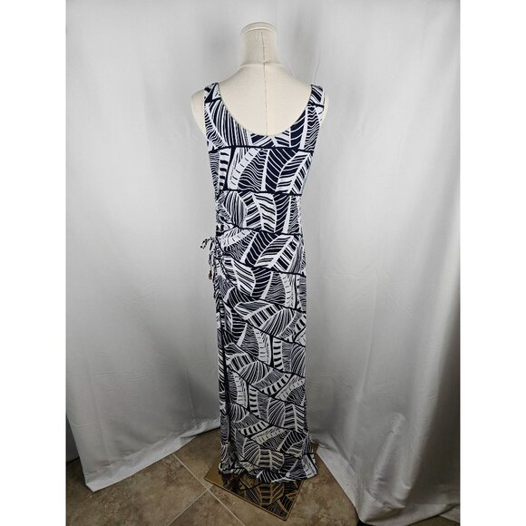 NEW! Tommy Bahama Maxi Dress Medium Navy Tropical Print Ruched Tie, Split - Picture 4 of 12